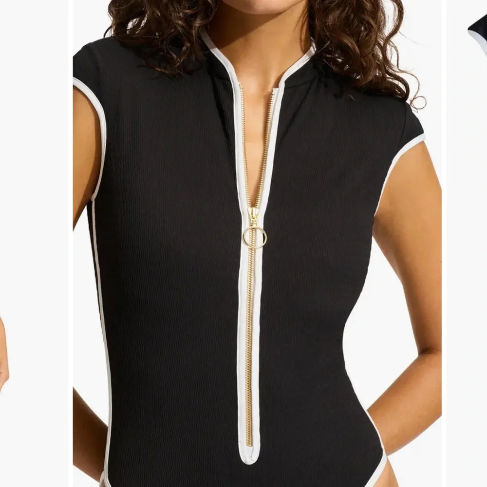 Seafolly Black One-Piece Zip Front Swimsuit with White Trim - Picture 2 of 6